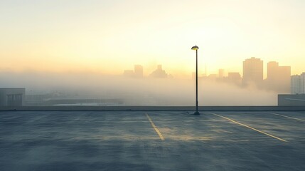 Obraz premium An empty rooftop parking lot with a single lamppost casting shadows, set against a misty city skyline at sunrise