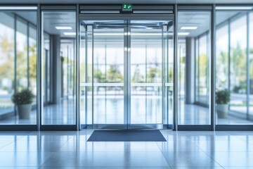 Modern automatic glass doors in a bright office building lobby.