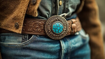 Close-Up of Cowboy Belt Buckle with Turquoise Stones