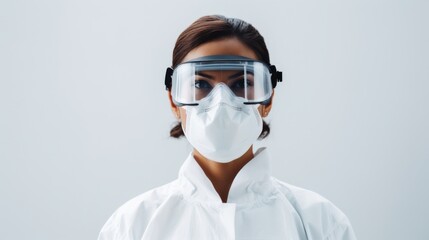 A poised and confident healthcare worker in full protective gear, her mask and goggles emphasizing hygiene and care, standing against a minimal white background