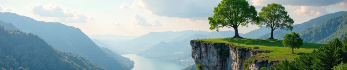 Obraz premium Two majestic trees standing side by side on a scenic cliff edge, landscape, greenery