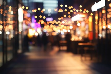 Fototapeta premium Blurred night city street scene with warm bokeh lights and pedestrians.