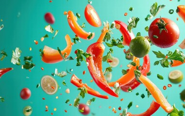Naklejka premium Fresh salsa ingredients flying mid-motion with a vivid teal backdrop