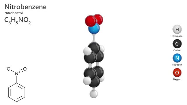 Nitrobenzene. Animated 3D model of a molecule. Molecular formula: C6H5NO2. Chemical model: Ball and sticks. White background. 3D rendering. Seamless loop.