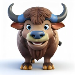 Cartoon yak with wide grin standing confidently, bright white background highlighting jovial character in playful 3D rendering