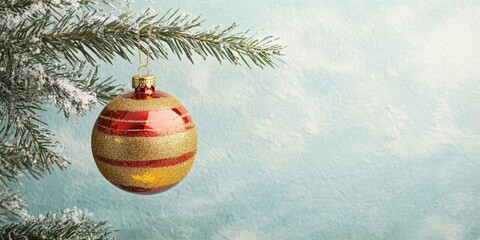 A vibrant gold and red Christmas ornament hangs on a faux pine tree, set against a snowy backdrop, providing ample space for additional text or messages.