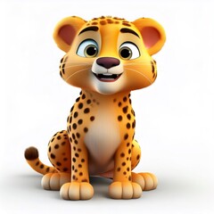 Playful cartoon cheetah cub sitting with wide smile, radiating childhood happiness against crisp white background