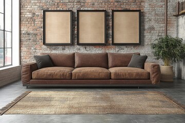 Brown Leather Sofa in Industrial Loft Apartment