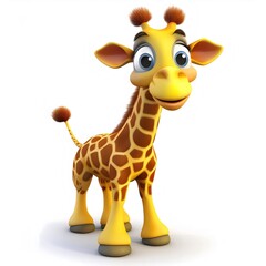 Fototapeta premium Cheerful cartoon giraffe posing with bright colors, rendered in playful 3D style against clean white backdrop