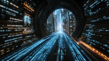 Futuristic city highway tunnel with glowing digital code lines.
