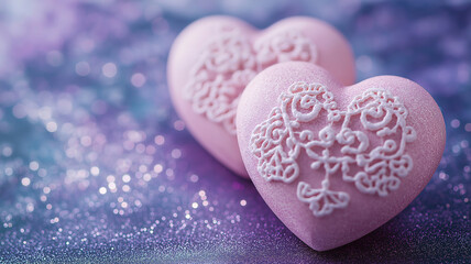 Fototapeta premium Romantic Valentine's Day scene with pink lace hearts on a purple glitter background filled