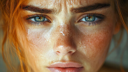 A close-up of a woman face with water droplets on her skin, teary eyes piercing with intensity and sadness