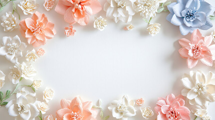 Timeless wedding card featuring sophisticated 3D paper flowers in subtle pastel hues framing a central text area.