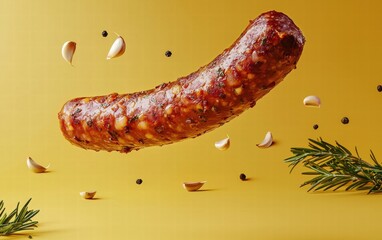 A whole kielbasa link mid-air with garlic and rosemary accents on a rich yellow background