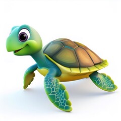 Fototapeta premium Cartoon sea turtle grinning, striding joyfully against pure white backdrop, rendered in bright, playful 3D style