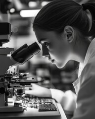Researcher examining sample through microscope laboratory scientific study controlled environment close-up innovation in science