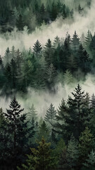 Fototapeta premium Beautiful Watercolor Landscape of Green Trees in Fog with a Peaceful Path Framing a Tranquil Natural Setting