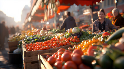 Fresh summer produce at a lively farmers market: ripe peaches, zucchinis, and tomatoes. Wooden crates and flowers add rustic charm and vibrancy
