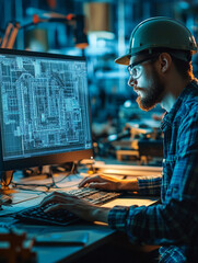 Engineer working on blueprint design at computer station
