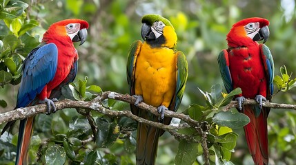 Three vibrant macaws perched on a tree branch amidst lush green foliage.