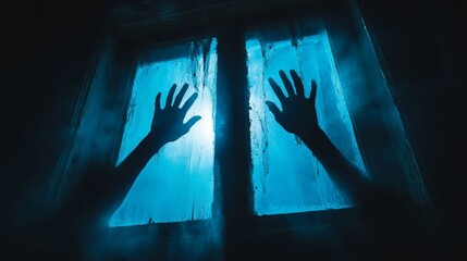 Mystical Silhouettes of Hands on Blue-Backlit Window