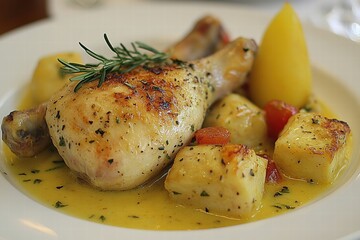 Roasted Chicken Leg with Potatoes and Creamy Sauce