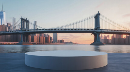 Fototapeta premium empty round cylinder pedestal display or podium platform with Manhattan Bridge background