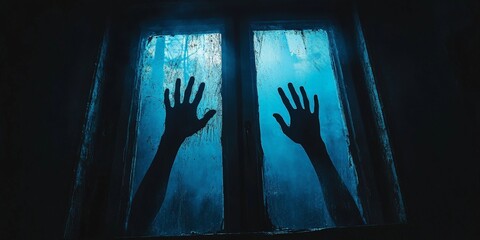 Mystical Silhouettes of Hands on Blue-Backlit Window