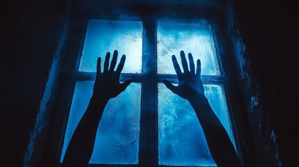 Mystical Silhouettes of Hands on Blue-Backlit Window