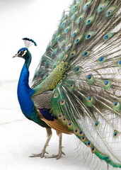 Fototapeta premium Peacock with a stunning fanned tail, showcasing vibrant hues of blue, green, and gold during a courtship display