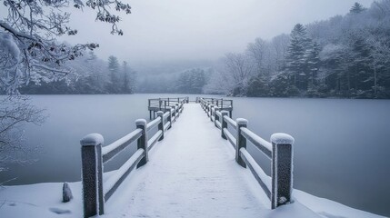 Naklejka premium A serene winter landscape featuring a snow-covered pier extending into a calm, icy lake surrounded by trees.