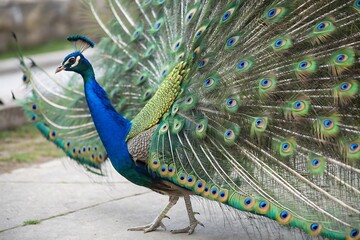 Obraz premium A majestic peacock with iridescent blue and green tail feathers, known for its impressive courtship display. 