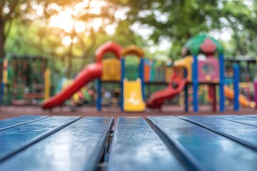 Blue Wooden Table with Blurred Playground Background