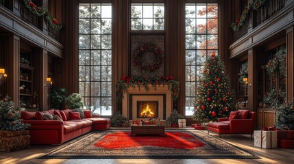Fototapeta premium Christmas cozy living room celebration indoor luxury modern fireplace light