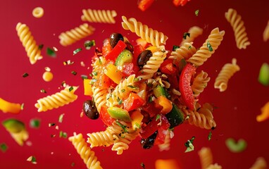 A colorful pasta salad floating mid-air with rotini, bell peppers, and olives, on a vibrant red background