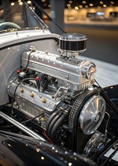 Fototapeta premium The car engine, consisting of cylinders, pistons, and a crankshaft, powers the vehicle through internal combustion