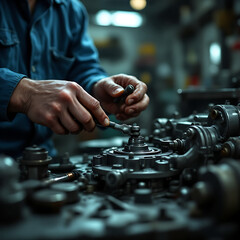 Close-Up of Factory Worker&rsquo;s Hands Repairing Machinery, Detailed Grease and Tool Textures, Industrial Workshop Setting with Blurred Background