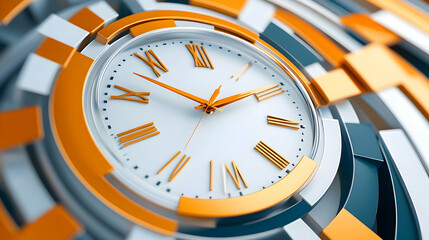 Abstract Clock Time Management Concept, Orange, White, Circular Design, 3D Render, Website Banner.