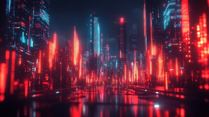 Naklejka premium Futuristic cityscape at night with glowing red and blue lights reflecting on a wet surface.