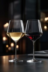 Fototapeta premium Close up shot of two wine glasses, a white and a red one, in a dark simple setting.