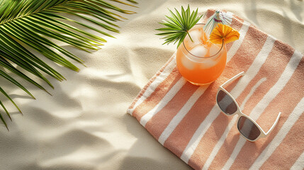 Striped towel with sunglasses and a tropical drink on sandy beach and palm shadow
