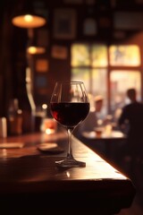 A glass of red wine on a wooden counter in a cozy bar setting, with warm bokeh lights in the background.