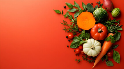 Autumn harvest vegetables red background food blog design.