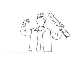 Continuous line drawing art of male engineer holding blueprint paper. Worker with blueprint paper illustration in simple outline design. Editable stroke vector.