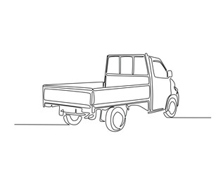 Continuous line drawing art of pickup truck in the road. Pickup car illustration in simple outline design. Editable stroke vector.