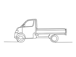 Continuous line drawing art of pickup truck in the road. Pickup car illustration in simple outline design. Editable stroke vector. © Line addict