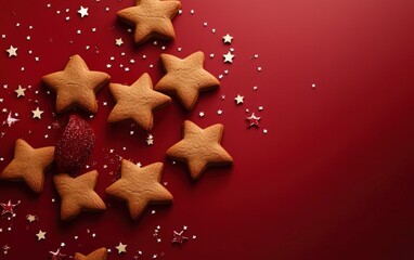 Gingerbread cookies shaped like stars flying on a festive red background
