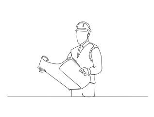 Continuous line drawing art of male engineer holding blueprint paper. Worker with blueprint paper illustration in simple outline design. Editable stroke vector.