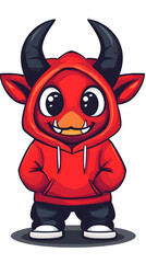 Cute Devil Mascot Hoodie Design, Cartoon Character, Isolated White Background, Gaming Logo,  Kids Clothing.