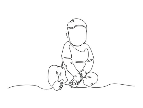 Continuous one line drawing of cute baby boy sitting. Cute toddler child in single line draw vector illustration. Editable line vector.